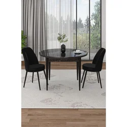 Hanah Home trpezarijski set Tor, sto i 2 stolice, ploča u dekoru crnog mermera, crna tkanina Babyface