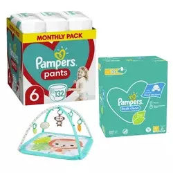 Pampers Pelene Pants 6, Monthly, 15+kg, 132/1+ Pampers Vlažne maramice Fresh clean, 15x80 komada+Bright Starts Podloga za bebe Safari, 20 melodija, Tirkizna