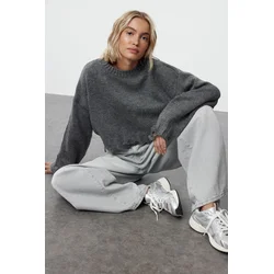 Trendyol Anthracite Crop Super Wide Pattern Soft Texture Knit Sweater