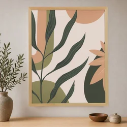 WallXpert uramljena slika na platnu Cc-D-Ah-1032, tropski listovi u zelenim i breskva tonovima, 45 x 60 cm