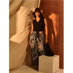 Sinsay - Pantalone wide leg sa apstraktnim dezenom - crno