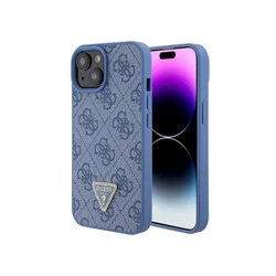 LICENSED GUESS Maska za iPhone 15 LEATHER 4G TRIANGLE STRASS/ plava