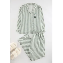Trendyol Curve Mint Striped Shirt Collar Piping Knitted Pajamas Set