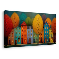 Slika pisane hiše in drevesa - 60x40