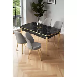 HANAH HOME Rasklopivi trpezarijski sto i stolice (5 delova) Nira Black Marble Gold Grey
