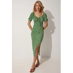 Happiness Istanbul Womens Green Carmen Collar Slit Summer Knitted Dress