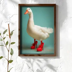 WallXpert uramljena MDF slika NAL040-70, bela patka u crvenim cipelama na štiklu na tirkiznoj pozadini, 50 x 70 cm