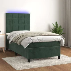 Vidaxl Box spring postelja z vzmetnico LED tem. zelena 90x190 cm žamet