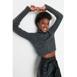 Trendyol Anthracite Crop Hair Braided Sweater