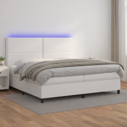 vidaXL Box spring postelja z vzmetnico LED bela 200x200cm umetno usnje