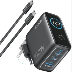 Anker Zidni brzi punjač GaN, 100W, 3-porta (2xUSB-C i USB-A), Tamnosivi