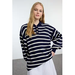 Trendyol Navy Blue Striped Balloon Sleeve Polo Neck Knitwear Sweater