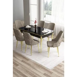 Hanah Home trpezarijski set Tia, sto i 6 stolica, ploča u dekoru crnog mermera, zlatne noge, kapućino tkanina Babyface