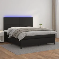 shumee Box spring postelja z vzmetnico LED črna 180x200 cm um. usnje