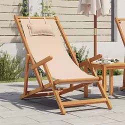 Sklopiva stolica za plažu bež od drva eukaliptusa i tkanine