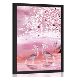 Plakat čaplje pod čarobnim drevesom v rožnati varianti - 20x30 black