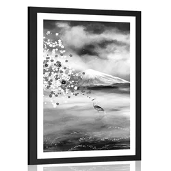 Plakat s paspartujem čaplje pod čarobnim drevesom v črnobeli varianti - 40x60 white