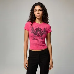 Roze majica slim fit sa printom krila i krune