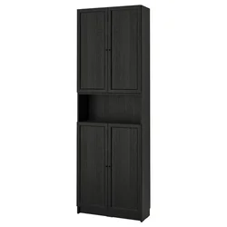 BILLY / OXBERG Biblioteka s vratima/dod. elementom, crna im. hrastovine, 80x30x237 cm
