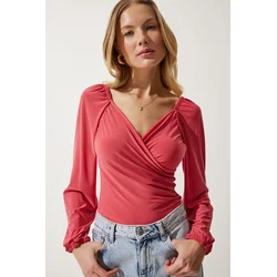Happiness Istanbul Womens Light Pink Elastic Balloon Sleeve Sandy Knitted Blouse