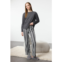 Trendyol Anthracite 100% Cotton Striped Knitted Pajama Set