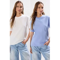 Trendyol Ecru-Blue 2-Pack 100% Cotton Basic Stand Collar Knitted T-Shirt