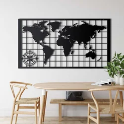 WallXpert metalni zidni ukras 5271, mapa sveta sa mrežom i ružom kompasa u ramu, 75 x 43 cm, crni
