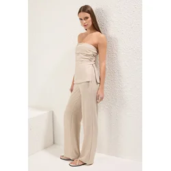 Trendyol Beige Linen Look Strapless Blouse and Trousers Woven Bottom-Top Set
