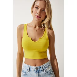 Happiness Istanbul Womens Yellow Strap Crop Knitted Blouse