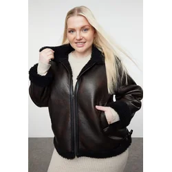 Trendyol Curve Brown Regular Fit Faux Leather Biker Coat with Fur Detail