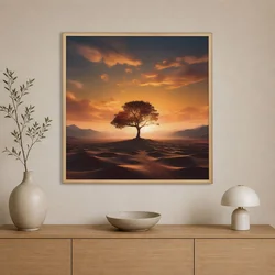 WallXpert uramljena slika na platnu Cc-K-Ah-1015, usamljeno drvo u pustinji pri zalasku sunca, 60 x 60 cm