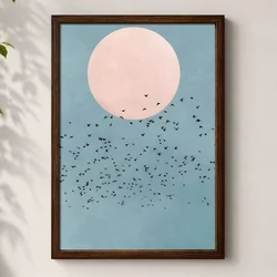 WallXpert uramljena MDF slika 3752KACT-033, jato ptica ispred ružičastog sunca na plavoj pozadini, 37 x 52 cm
