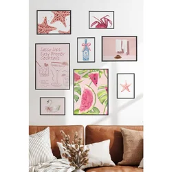WallXpert set od 8 manjih uramljenih slika Çgs-056, roze letnji motivi – lubenica, morske zvezde, kokteli i labud, crni ram