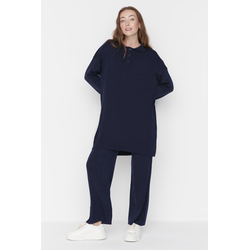 Trendyol Navy Blue Polo Collar Tunic-Pants Knitwear Suit