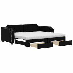 Vidaxl Izvlečna dnevna postelja s predali črna 100x200 cm blago