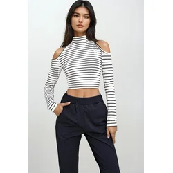 Trend Alacati Stili Ženska bluza dugih rukava ALC-X12644, Belo-crna