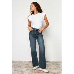 Trendyol Dark Blue Faded Effect Vintage High Waist Wide Leg Jeans