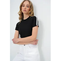 Trend Alacati Stili Ženska bluza kratkih rukava Alc-X13730, Okrugli izrez, Crna