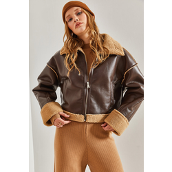 Bianco Lucci Womens Furry Leather Coat with Side Pockets