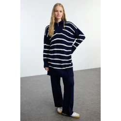 Trendyol Navy Blue Zipper Relaxed Thessaloniki Striped Knitwear Hijab Bottom-Top Set