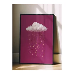 WallXpert uramljena slika 115233, beli oblak sa zlatnim kapima kiše na ciklama pozadini, 30 x 40 cm, crni ram