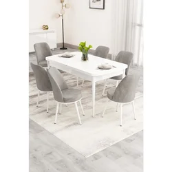 Hanah Home trpezarijski set Nix, sto na razvlačenje i 6 stolica, bela ploča, siva tkanina Babyface