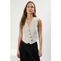 Trendyol Limited Edition Brown Crop Fitted Button Detailed Woven Linen Look Vest