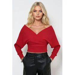 Trend Alacati Stili Ženska bluza dugih rukava ALC-019-053-BLZ, V-izrez, Crvena