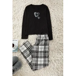 Trendyol Black Cotton Heart Plaid Knitted Pajama Set