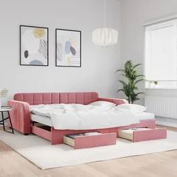 Greatstore Izvlečna dnevna postelja s predali roza 100x200 cm žamet