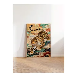 WallXpert uramljena slika 115253, leopard u orijentalnom stilu među šarenim oblacima, 30 x 40 cm, ram u boji prirodnog drveta
