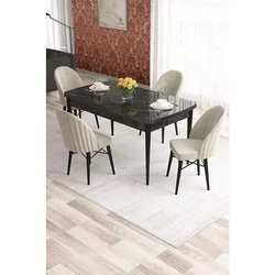 Hanah Home trpezarijski set Elf, sto na razvlačenje i 4 stolice, ploča u dekoru crnog mermera, krem tkanina Babyface