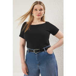 Trendyol Curve Black Fitted Boat Neck Corduroy Camisole Knitted Plus Size Blouse