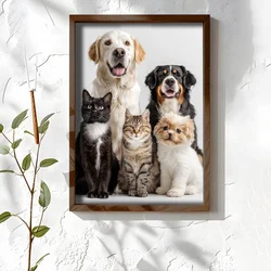 WallXpert uramljena MDF slika NAL042-46, dva psa i tri mačke, portret kućnih ljubimaca, 35,5 x 47 cm
